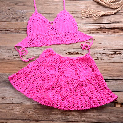 Crochet Halter Top and Skirt Set - Women's Boho Beachwear