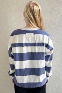 Striped Long Sleeve Top with Exposed Seam – Dusty Blue