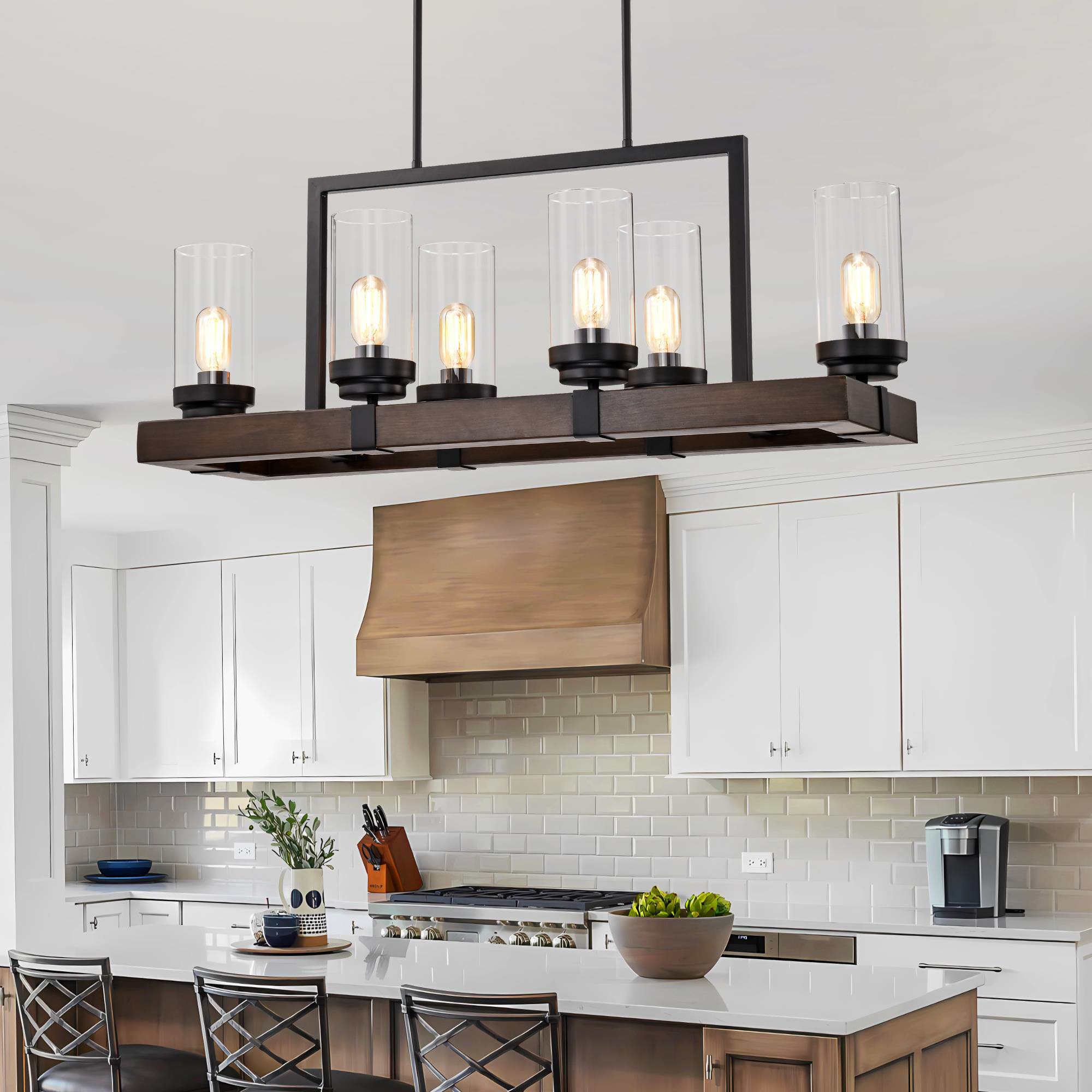 6-Light Matte Black & Wood Grain Chandelier - Adjustable Height Pendant