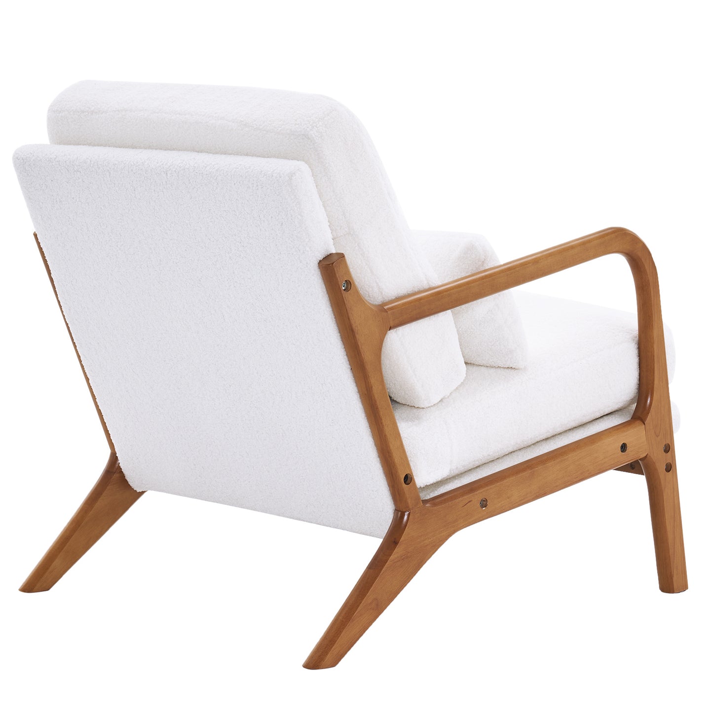 Mid-Century Modern Oak Armrest Upholstered Teddy Velvet Lounge Chair - Off-White