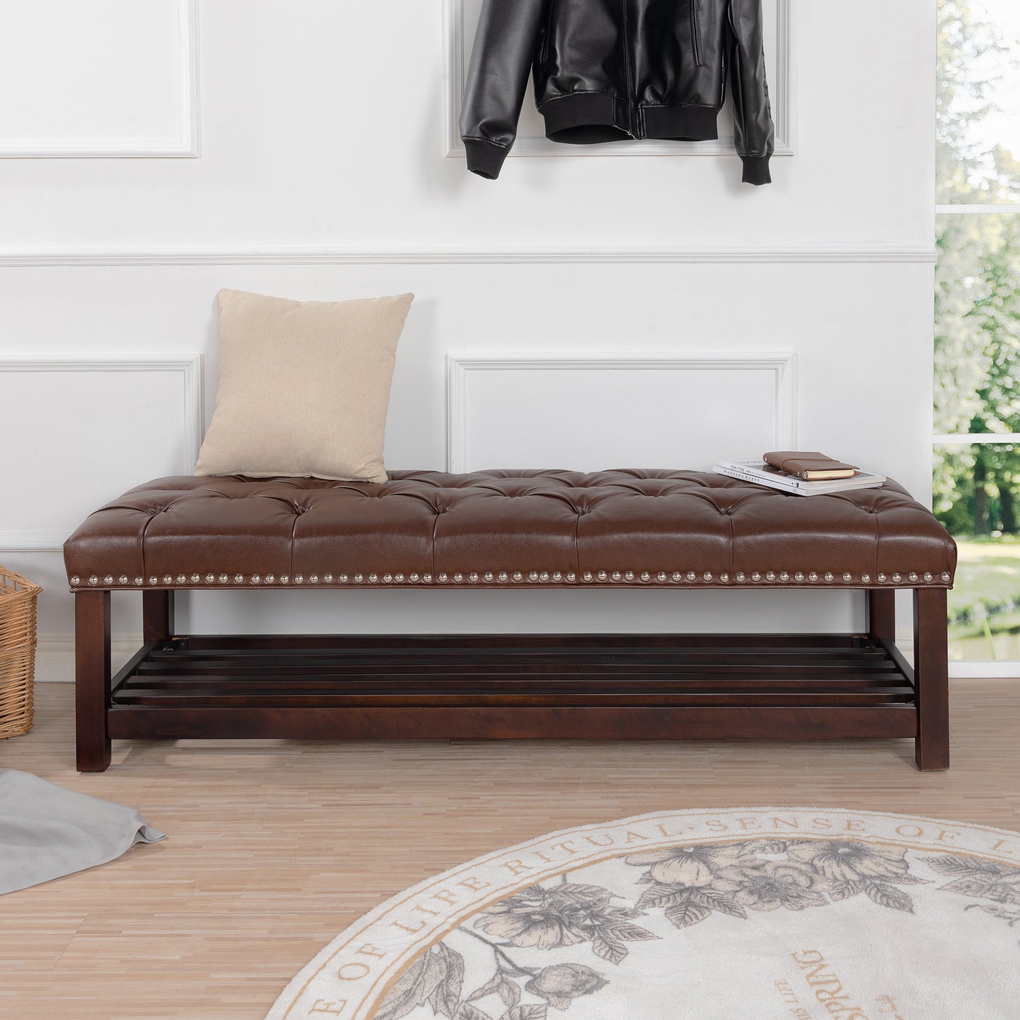 Elegant Tufted Leather Entryway Bench with Nailhead Trim and Storage Shelf