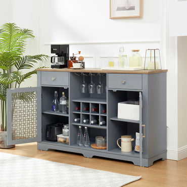 Modern Farmhouse Buffet Cabinet with Glass Door Cabinets, Wine & Glass Rack, and Coffee Bar – Light Blue & Oak Finish