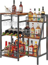 6-Tier Freestanding Wine & Liquor Rack - Stepped Liquor Bottle Display Shelf with Glass Holder