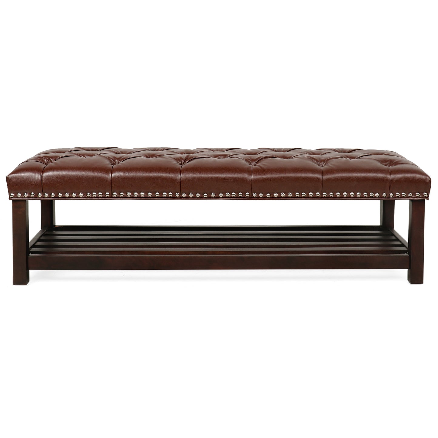 Elegant Tufted Leather Entryway Bench with Nailhead Trim and Storage Shelf