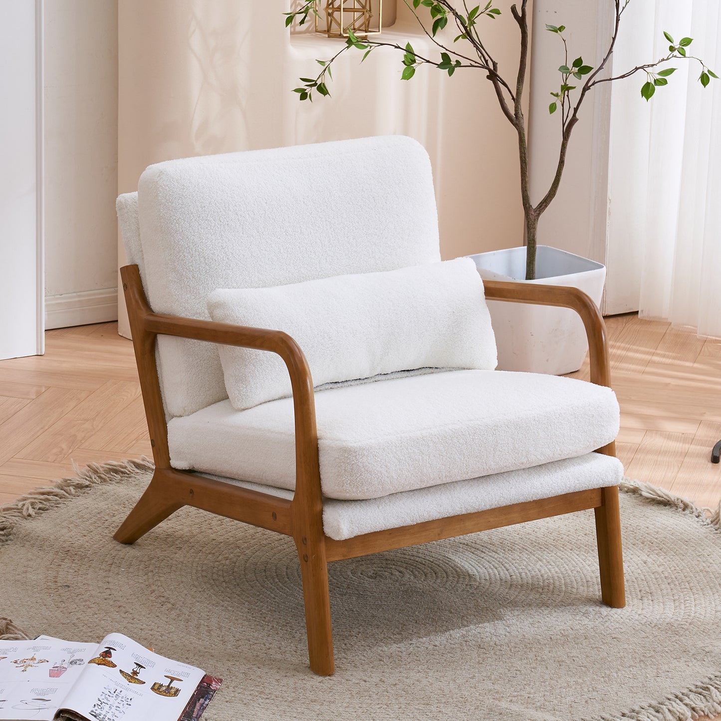 Mid-Century Modern Oak Armrest Upholstered Teddy Velvet Lounge Chair - Off-White