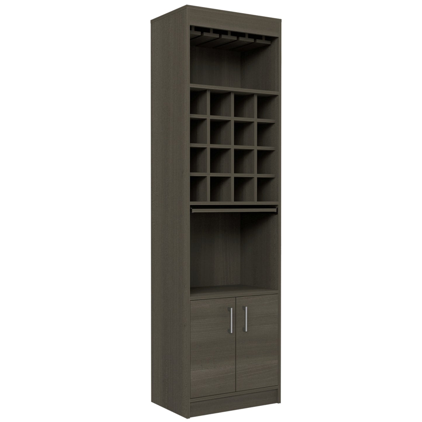 Modern Bar Cabinet with 16-Bottle Wine Rack, Glass Holder, and Double Door Storage – Smokey Oak Finish”