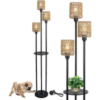 Modern 3-Light Floor Lamp with Shelves – Black Metal Stand, Woven Linen Shades, and Foot Switch