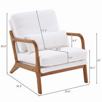 Mid-Century Modern Oak Armrest Upholstered Teddy Velvet Lounge Chair - Off-White