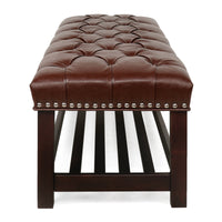 Elegant Tufted Leather Entryway Bench with Nailhead Trim and Storage Shelf