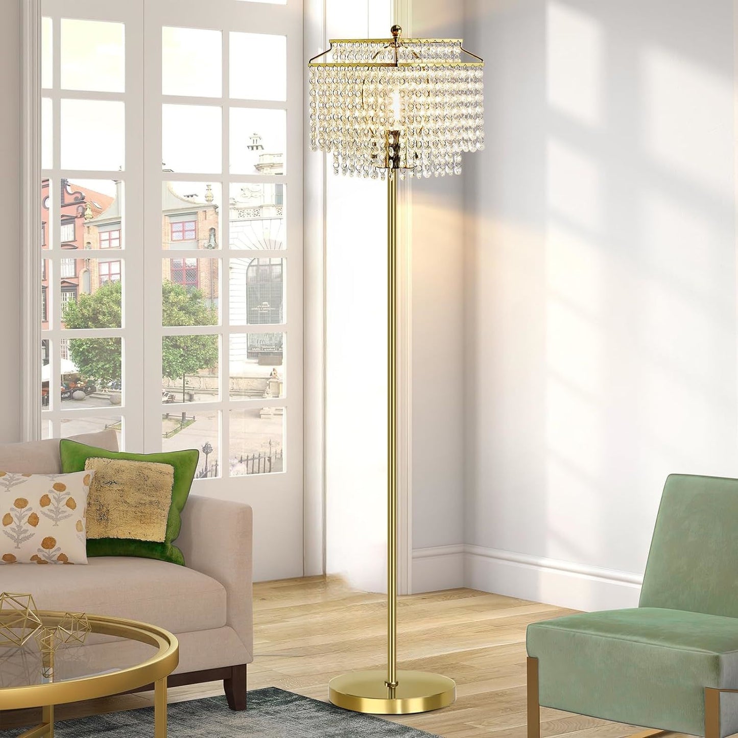 Elegant Crystal Floor Lamp with Double-Layer Shade – Chic Standing Lamp