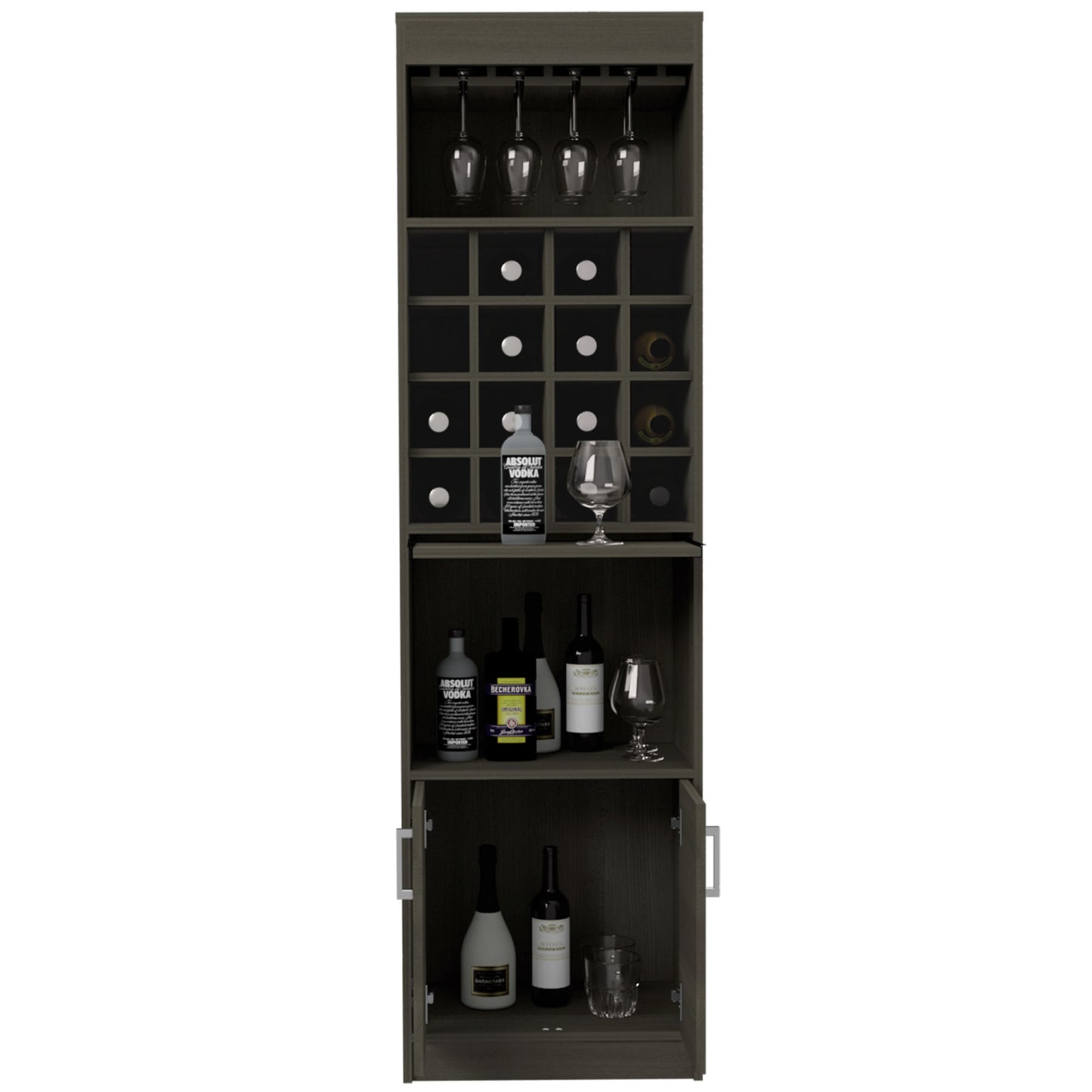 Modern Bar Cabinet with 16-Bottle Wine Rack, Glass Holder, and Double Door Storage – Smokey Oak Finish”