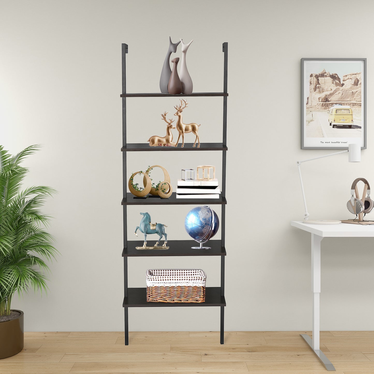 5-Tier Wall-Mounted Etagere Bookshelf -Black  Metal Frame, 70.87" Tall