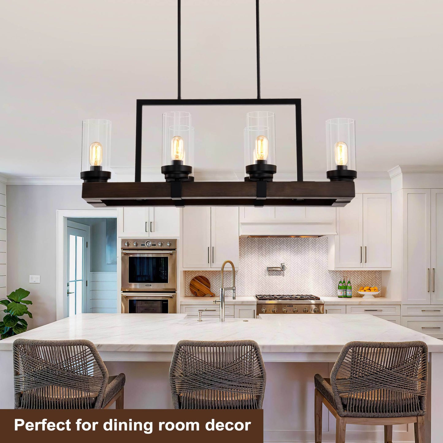 6-Light Matte Black & Wood Grain Chandelier - Adjustable Height Pendant