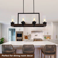 6-Light Matte Black & Wood Grain Chandelier - Adjustable Height Pendant