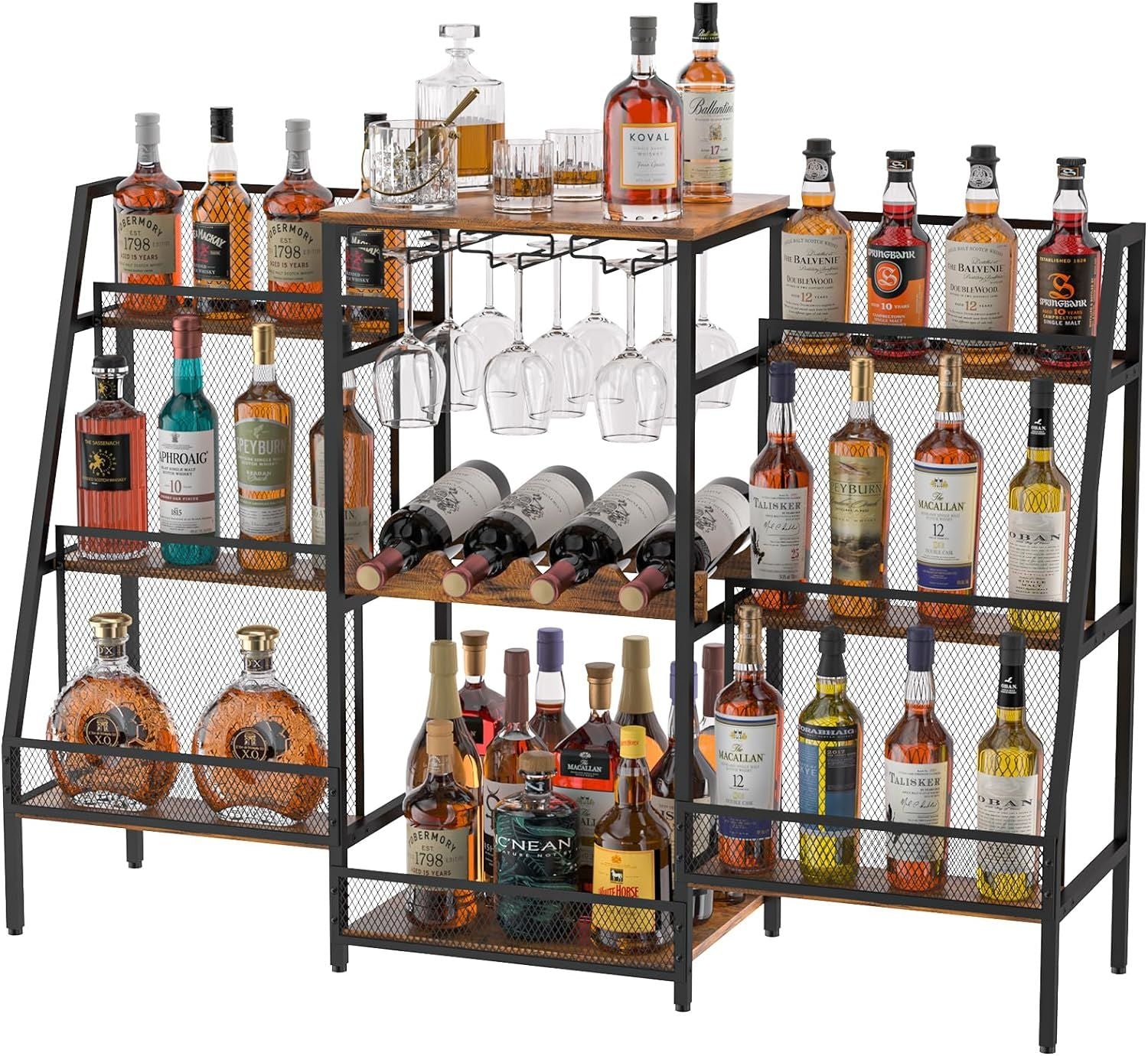 6-Tier Freestanding Wine & Liquor Rack - Stepped Liquor Bottle Display Shelf with Glass Holder