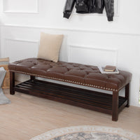 Elegant Tufted Leather Entryway Bench with Nailhead Trim and Storage Shelf