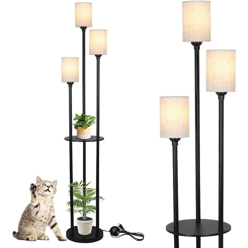 Modern 3-Light Floor Lamp with Shelves – Black Metal Stand, Woven Linen Shades, and Foot Switch