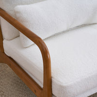 Mid-Century Modern Oak Armrest Upholstered Teddy Velvet Lounge Chair - Off-White