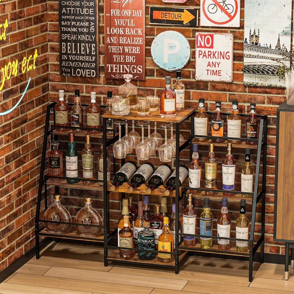 6-Tier Freestanding Wine & Liquor Rack - Stepped Liquor Bottle Display Shelf with Glass Holder