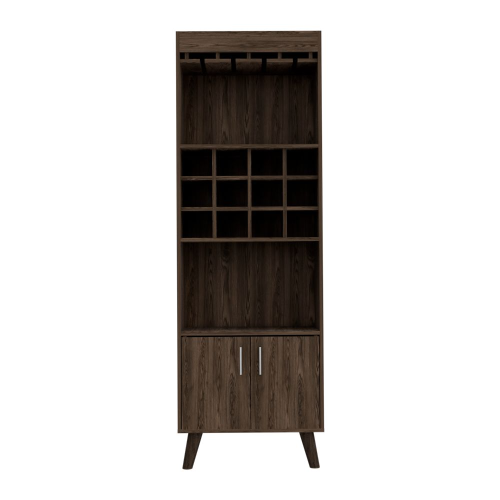 Modern Bar Cabinet with 12-Bottle Wine Rack, Glass Holder, and Double Door Storage – Dark Walnut Finish”