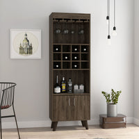 Modern Bar Cabinet with 12-Bottle Wine Rack, Glass Holder, and Double Door Storage – Dark Walnut Finish”