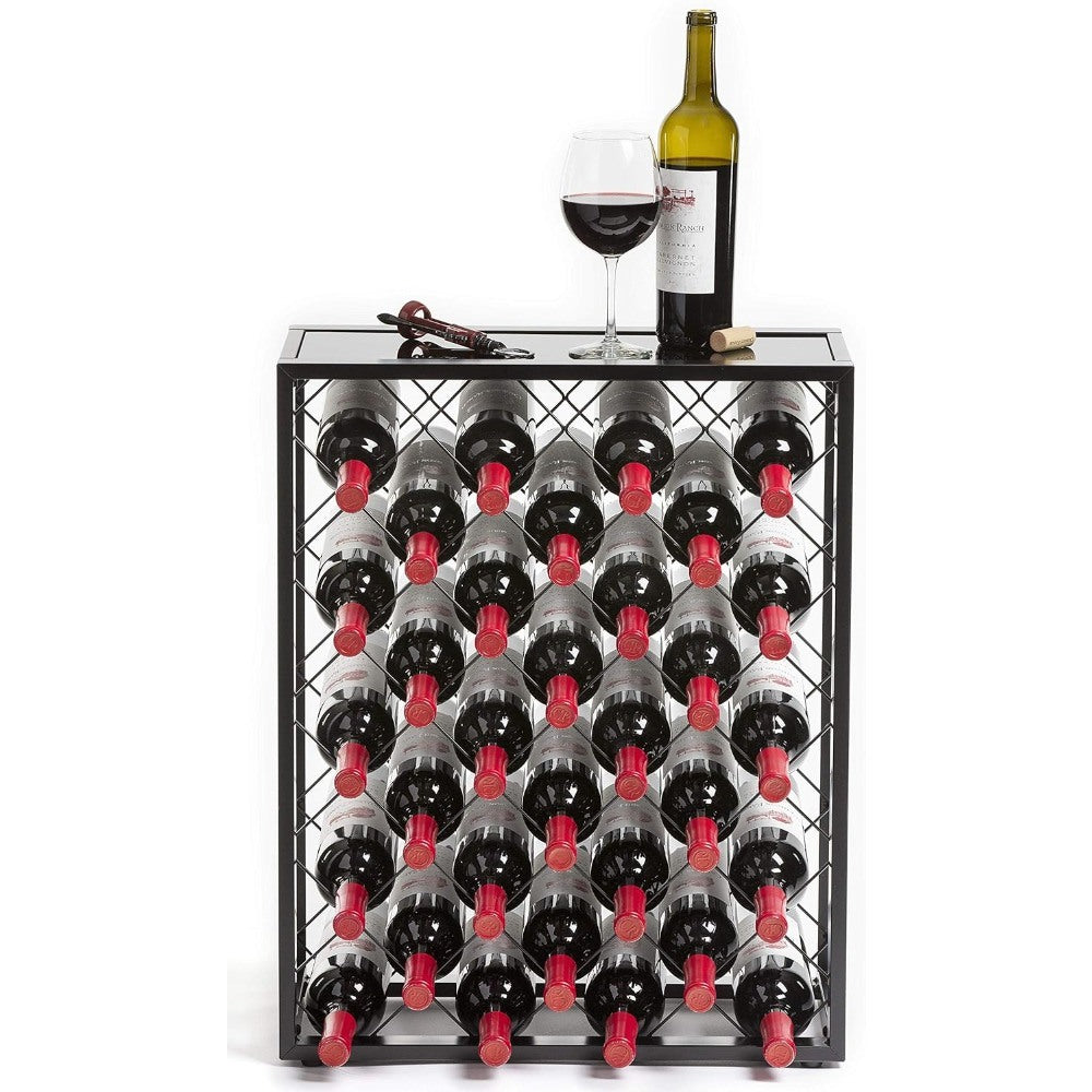 32-Bottle Free Standing Wine Rack with Black Glass Top