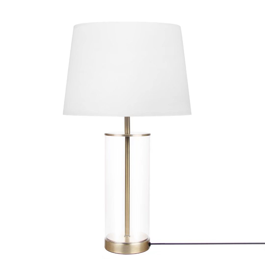 Modern Brass Table Lamp with White Shade - Elegant 23-Inch Clear Glass Base