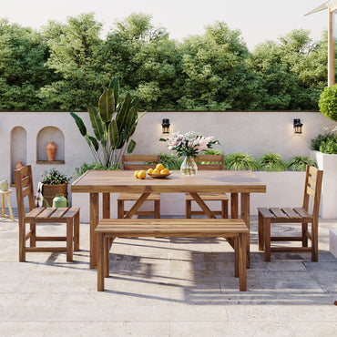 Acacia Wood Outdoor Table, Chairs & Bench Set