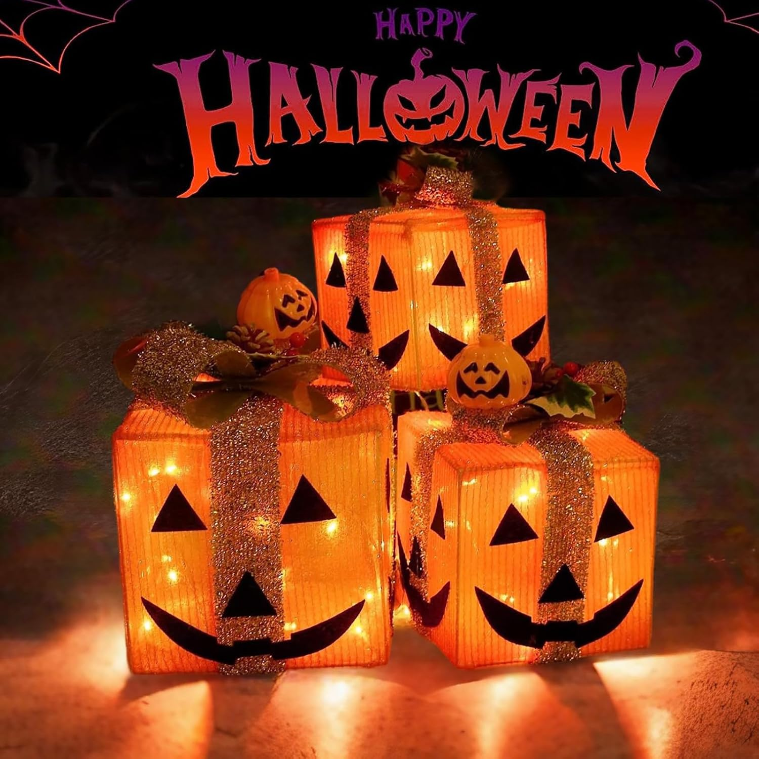 Halloween Pumpkin Lighted Gift Boxes – Set of 3 Decorative Jack-O’-Lantern Boxes