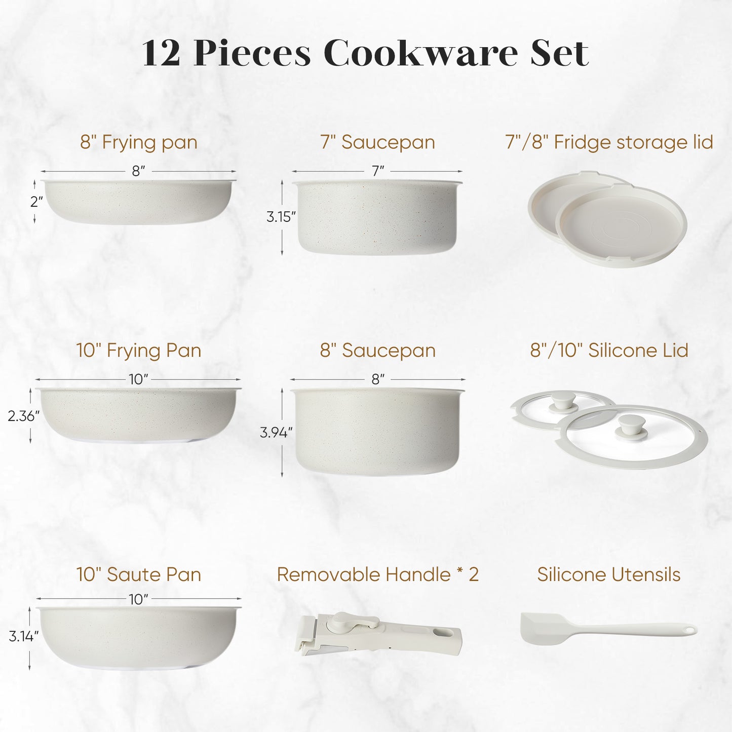 12-Piece Beige Nonstick Detachable Handle Induction Cookware Set – Dishwasher Safe