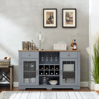 Modern Farmhouse Buffet Cabinet with Glass Door Cabinets, Wine & Glass Rack, and Coffee Bar – Light Blue & Oak Finish