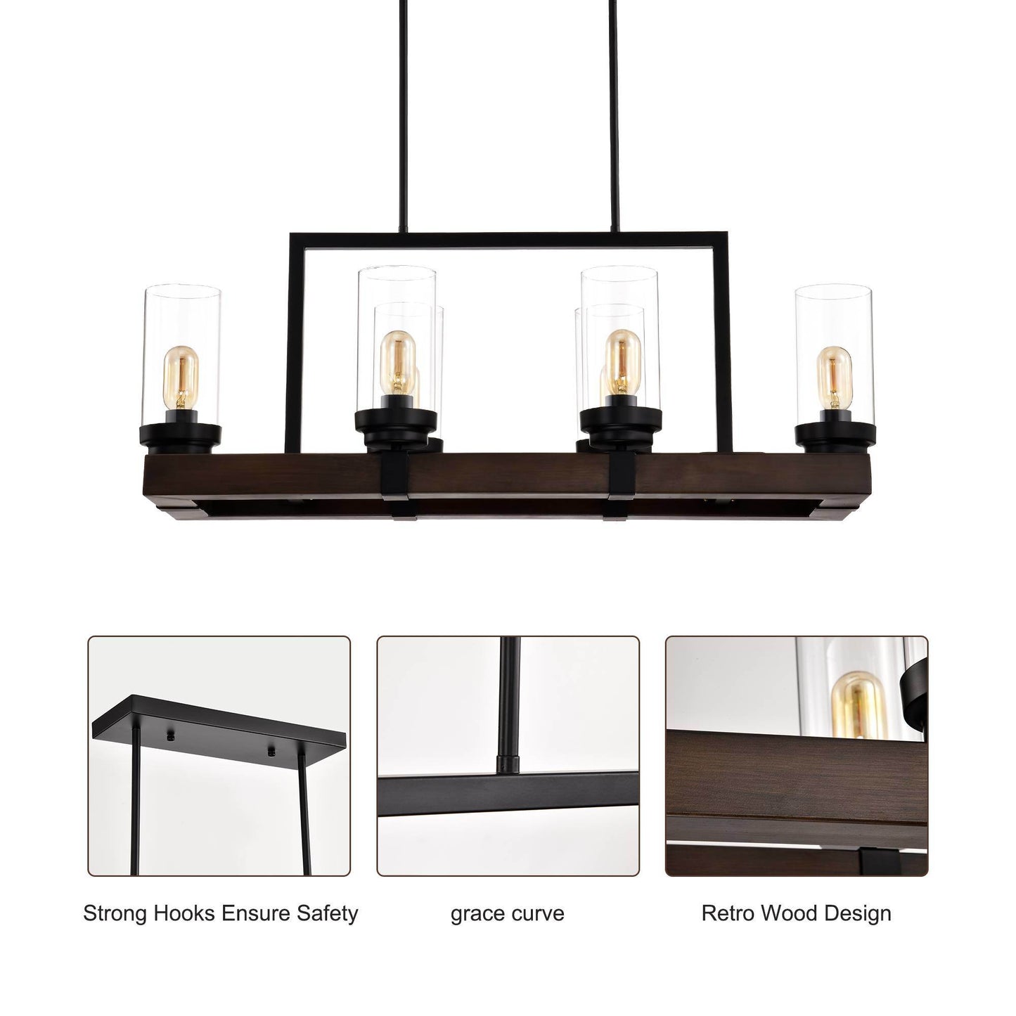 6-Light Matte Black & Wood Grain Chandelier - Adjustable Height Pendant