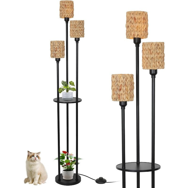 Modern 3-Light Floor Lamp with Shelves – Black Metal Stand, Woven Linen Shades, and Foot Switch