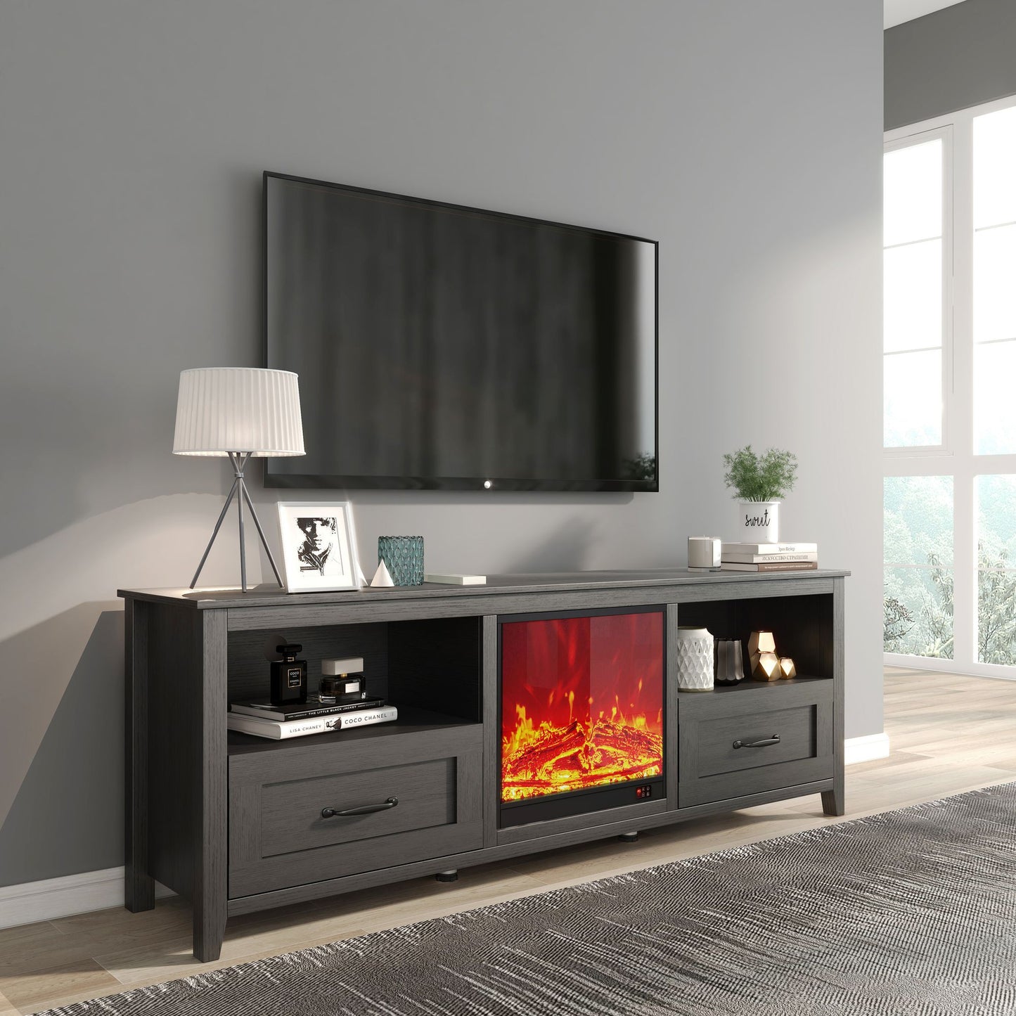 Modern Black TV Stand with Storage | Fits 60-79 Inch Screens