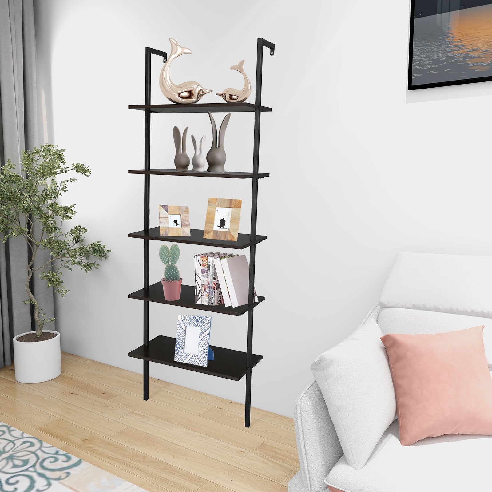 5-Tier Wall-Mounted Etagere Bookshelf -Black  Metal Frame, 70.87" Tall