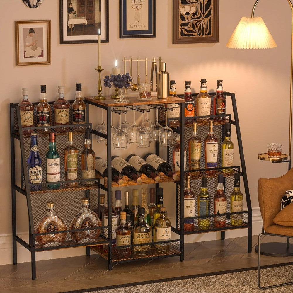 6-Tier Freestanding Wine & Liquor Rack - Stepped Liquor Bottle Display Shelf with Glass Holder