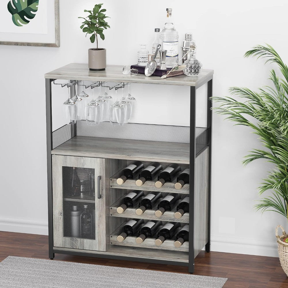 Rustic Industrial Bar Cabinet with Wine Rack, Glass Holder, and Storage Cabinet