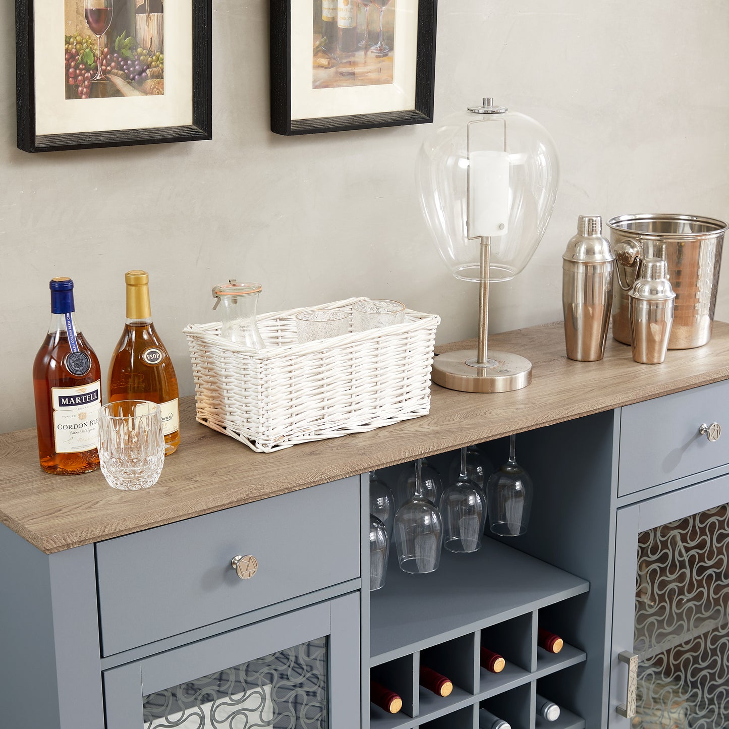 Modern Farmhouse Buffet Cabinet with Glass Door Cabinets, Wine & Glass Rack, and Coffee Bar – Light Blue & Oak Finish