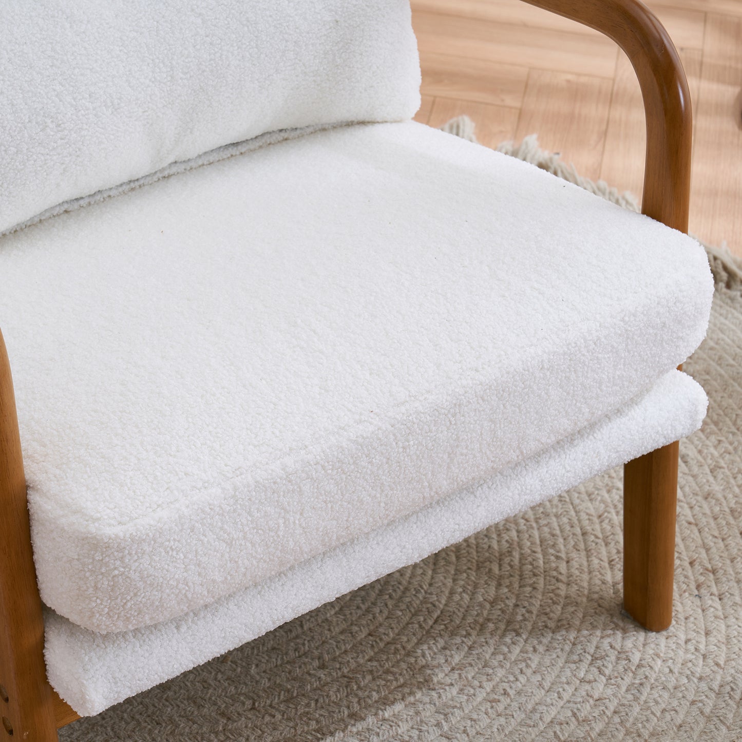 Mid-Century Modern Oak Armrest Upholstered Teddy Velvet Lounge Chair - Off-White