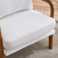 Mid-Century Modern Oak Armrest Upholstered Teddy Velvet Lounge Chair - Off-White