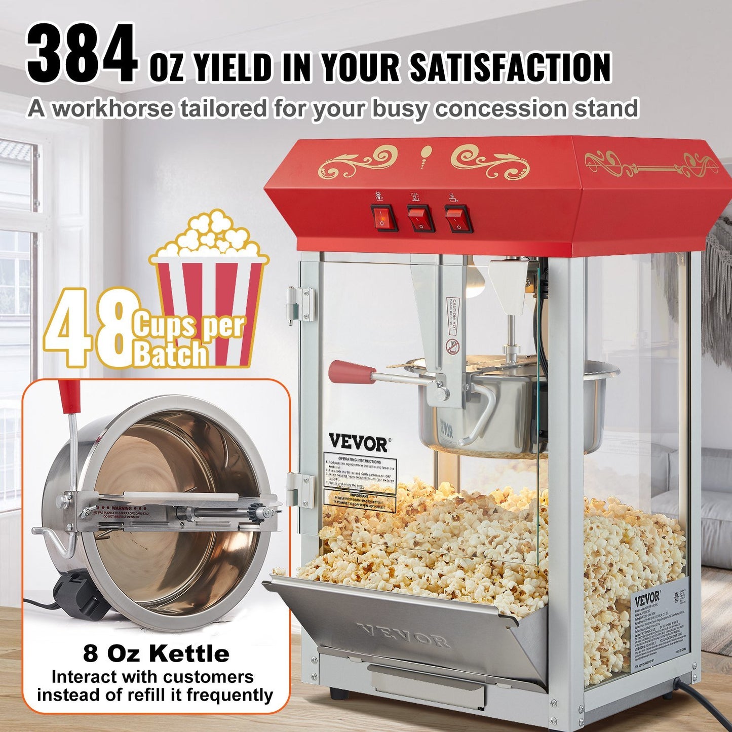 8 oz Commercial Popcorn Machine with Stainless Steel Kettle - Perfect for Home Bar & Theater