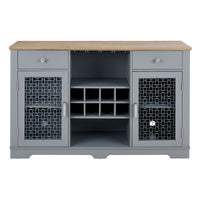 Modern Farmhouse Buffet Cabinet with Glass Door Cabinets, Wine & Glass Rack, and Coffee Bar – Light Blue & Oak Finish