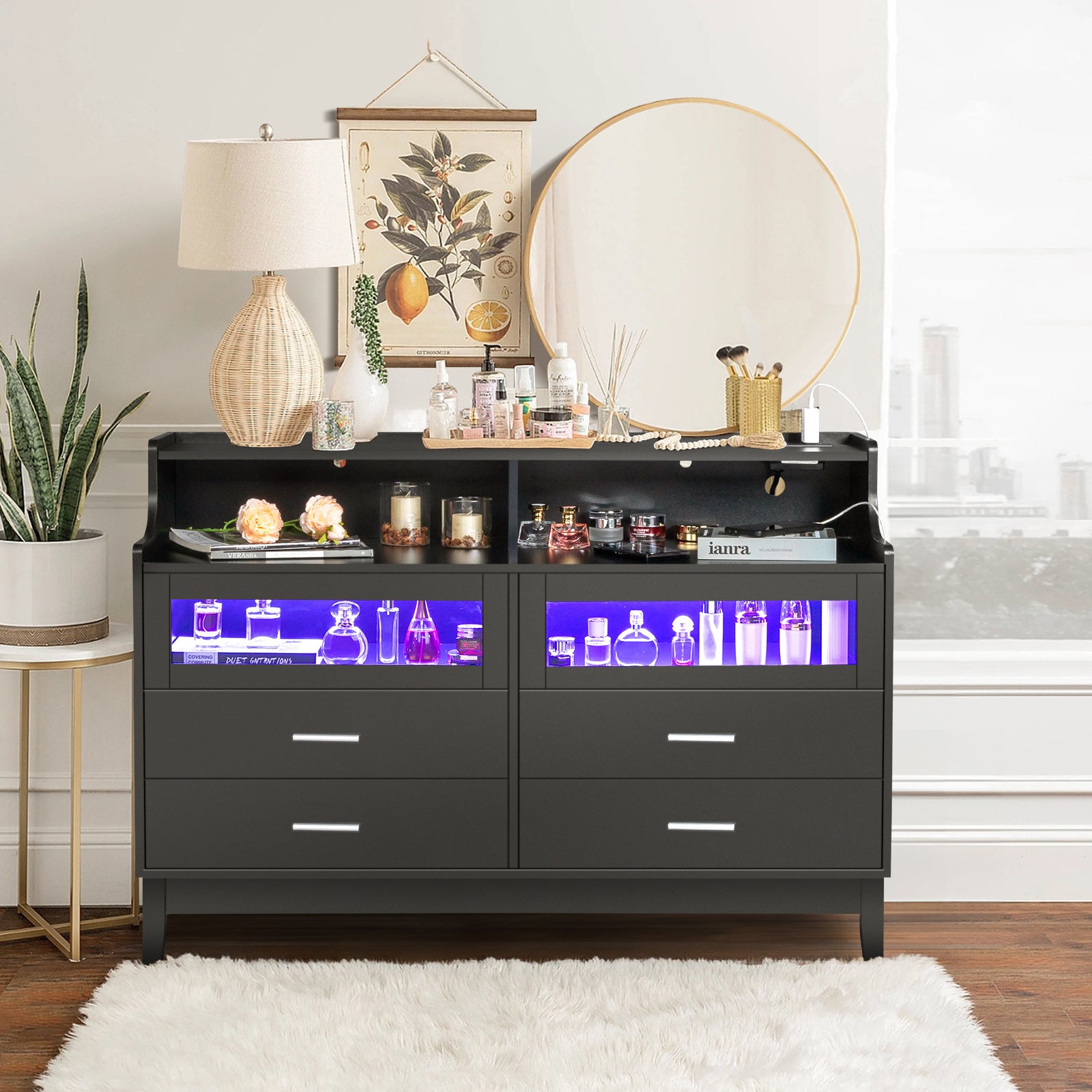 Modern Black LED Display Cabinet with USB and Power Supply