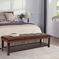 Elegant Tufted Leather Entryway Bench with Nailhead Trim and Storage Shelf