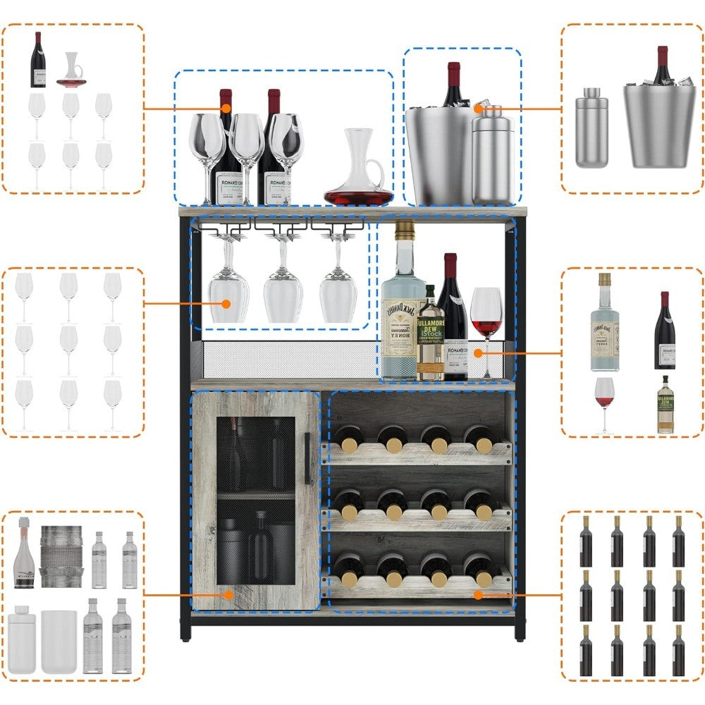 Rustic Industrial Bar Cabinet with Wine Rack, Glass Holder, and Storage Cabinet