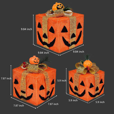 Halloween Pumpkin Lighted Gift Boxes – Set of 3 Decorative Jack-O’-Lantern Boxes