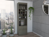 Modern Bar Cabinet with 16-Bottle Wine Rack, Glass Holder, and Double Door Storage – Smokey Oak Finish”