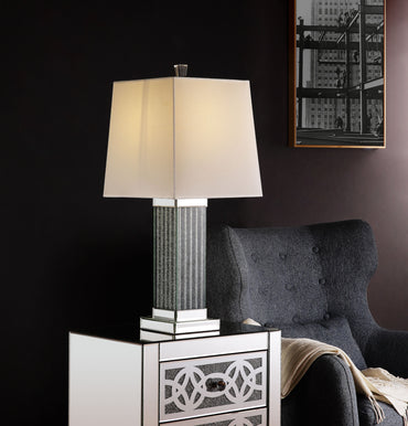 30-Inch Mirrored Table Lamp with Faux Stone Accents - Elegant Square White Shade for Modern Decor