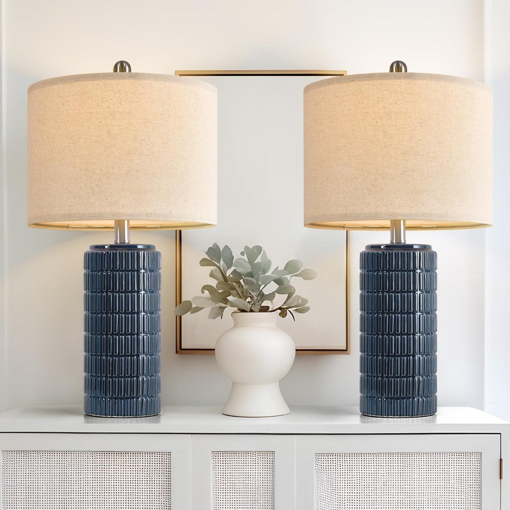 Set of 2 Modern Ceramic Table Lamps - 23-Inch White Bedside Lamps with Textured Design