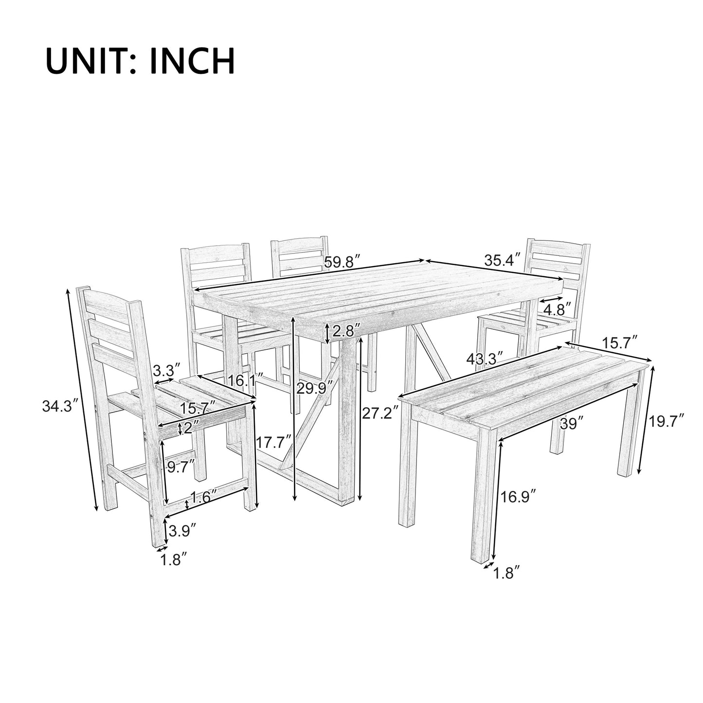 Acacia Wood Outdoor Table, Chairs & Bench Set